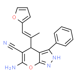 ChemSpider 2D Image | 6-amino-4-[1-(2-furanyl)prop-1-en-2-yl]-3-phenyl-2,4-dihydropyrano[2,3-c]pyrazole-5-carbonitrile | C20H16N4O2