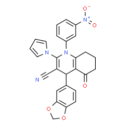 ChemSpider 2D Image | 4-(1,3-Benzodioxol-5-yl)-1-(3-nitrophenyl)-5-oxo-2-(1H-pyrrol-1-yl)-1,4,5,6,7,8-hexahydro-3-quinolinecarbonitrile | C27H20N4O5