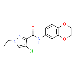 ChemSpider 2D Image | 4-Chloro-N-(2,3-dihydro-1,4-benzodioxin-6-yl)-1-ethyl-1H-pyrazole-3-carboxamide | C14H14ClN3O3