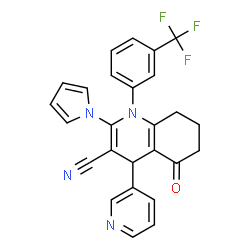 ChemSpider 2D Image | 5-Oxo-4-(3-pyridinyl)-2-(1H-pyrrol-1-yl)-1-[3-(trifluoromethyl)phenyl]-1,4,5,6,7,8-hexahydro-3-quinolinecarbonitrile | C26H19F3N4O