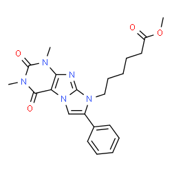 ChemSpider 2D Image | Methyl 6-(1,3-dimethyl-2,4-dioxo-7-phenyl-1,2,3,4-tetrahydro-8H-imidazo[2,1-f]purin-8-yl)hexanoate | C22H25N5O4