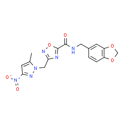 ChemSpider 2D Image | N-(1,3-Benzodioxol-5-ylmethyl)-3-[(5-methyl-3-nitro-1H-pyrazol-1-yl)methyl]-1,2,4-oxadiazole-5-carboxamide | C16H14N6O6