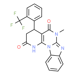 ChemSpider 2D Image | 6-Methyl-4-[2-(trifluoromethyl)phenyl]-3,4-dihydropyrido[3',2':5,6]pyrimido[1,2-a]benzimidazole-2,5(1H,6H)-dione | C21H15F3N4O2
