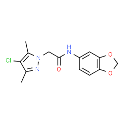 ChemSpider 2D Image | N-(1,3-Benzodioxol-5-yl)-2-(4-chloro-3,5-dimethyl-1H-pyrazol-1-yl)acetamide | C14H14ClN3O3