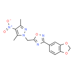 ChemSpider 2D Image | 3-(1,3-Benzodioxol-5-yl)-5-[(3,5-dimethyl-4-nitro-1H-pyrazol-1-yl)methyl]-1,2,4-oxadiazole | C15H13N5O5