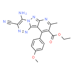 ChemSpider 2D Image | Ethyl 4-amino-3-cyano-10-(4-methoxyphenyl)-8-methylpyrido[2',3':3,4]pyrazolo[5,1-c][1,2,4]triazine-9-carboxylate | C20H17N7O3