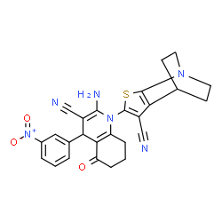 ChemSpider 2D Image | 4-[2-Amino-3-cyano-4-(3-nitrophenyl)-5-oxo-5,6,7,8-tetrahydro-1(4H)-quinolinyl]-3-thia-1-azatricyclo[5.2.2.0~2,6~]undeca-2(6),4-diene-5-carbonitrile | C26H22N6O3S
