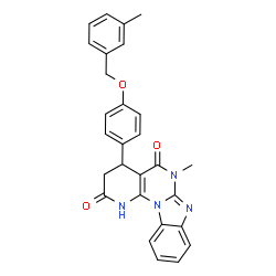ChemSpider 2D Image | 6-Methyl-4-{4-[(3-methylbenzyl)oxy]phenyl}-3,4-dihydropyrido[3',2':5,6]pyrimido[1,2-a]benzimidazole-2,5(1H,6H)-dione | C28H24N4O3