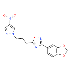ChemSpider 2D Image | 3-(1,3-Benzodioxol-5-yl)-5-[3-(4-nitro-1H-pyrazol-1-yl)propyl]-1,2,4-oxadiazole | C15H13N5O5