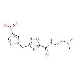 ChemSpider 2D Image | N-[2-(Dimethylamino)ethyl]-3-[(4-nitro-1H-pyrazol-1-yl)methyl]-1,2,4-oxadiazole-5-carboxamide | C11H15N7O4
