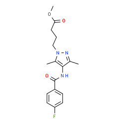 ChemSpider 2D Image | Methyl 4-{4-[(4-fluorobenzoyl)amino]-3,5-dimethyl-1H-pyrazol-1-yl}butanoate | C17H20FN3O3