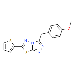 ChemSpider 2D Image | 3-(4-Methoxybenzyl)-6-(2-thienyl)[1,2,4]triazolo[3,4-b][1,3,4]thiadiazole | C15H12N4OS2
