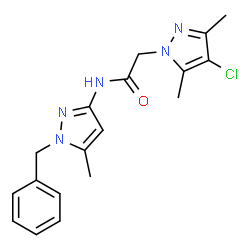 ChemSpider 2D Image | N-(1-Benzyl-5-methyl-1H-pyrazol-3-yl)-2-(4-chloro-3,5-dimethyl-1H-pyrazol-1-yl)acetamide | C18H20ClN5O