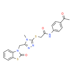 ChemSpider 2D Image | N-(4-Acetylphenyl)-2-({4-methyl-5-[(2-oxo-1,3-benzothiazol-3(2H)-yl)methyl]-4H-1,2,4-triazol-3-yl}sulfanyl)acetamide | C21H19N5O3S2
