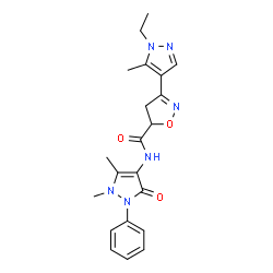 ChemSpider 2D Image | N-(1,5-Dimethyl-3-oxo-2-phenyl-2,3-dihydro-1H-pyrazol-4-yl)-3-(1-ethyl-5-methyl-1H-pyrazol-4-yl)-4,5-dihydro-1,2-oxazole-5-carboxamide | C21H24N6O3
