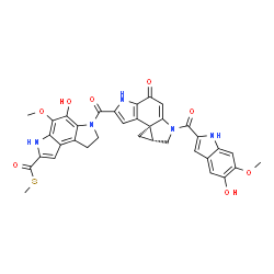 ChemSpider 2D Image | S-Methyl 5-hydroxy-6-({(3bS,4aR)-6-[(5-hydroxy-6-methoxy-1H-indol-2-yl)carbonyl]-8-oxo-1,4,4a,5,6,8-hexahydrocyclopropa[c]pyrrolo[3,2-e]indol-2-yl}carbonyl)-4-methoxy-3,6,7,8-tetrahydropyrrolo[3,2-e]i
ndole-2-carbothioate | C35H29N5O8S