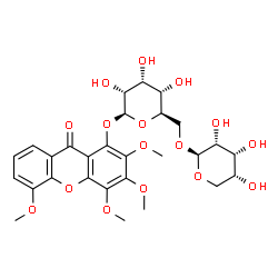 ChemSpider 2D Image | 2,3,4,5-Tetramethoxy-9-oxo-9H-xanthen-1-yl 6-O-beta-D-ribopyranosyl-beta-D-allopyranoside | C28H34O16