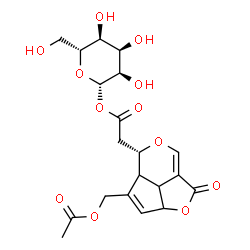 ChemSpider 2D Image | 1-O-{[(5S)-4-(Acetoxymethyl)-1-oxo-2a,4a,5,7b-tetrahydro-1H-2,6-dioxacyclopenta[cd]inden-5-yl]acetyl}-beta-D-allopyranose | C20H24O12