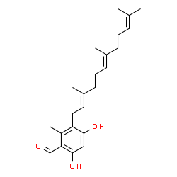 ChemSpider 2D Image | 4,6-Dihydroxy-2-methyl-3-[(2E,6E)-3,7,11-trimethyl-2,6,10-dodecatrien-1-yl]benzaldehyde | C23H32O3