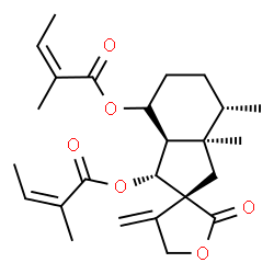 ChemSpider 2D Image | (1'R,3R,3a'R,4'S,7a'R)-3a',4'-Dimethyl-4-methylene-2-oxodecahydrospiro[furan-3,2'-indene]-1',7'-diyl (2Z,2'Z)bis(2-methyl-2-butenoate) | C25H34O6