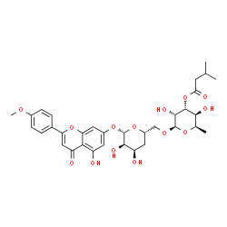 ChemSpider 2D Image | 5-Hydroxy-2-(4-methoxyphenyl)-4-oxo-4H-chromen-7-yl 4-deoxy-6-O-[6-deoxy-3-O-(3-methylbutanoyl)-beta-D-gulopyranosyl]-beta-D-ribo-hexopyranoside | C33H40O14