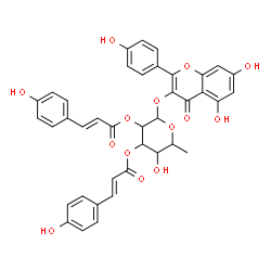 ChemSpider 2D Image | 5,7-Dihydroxy-2-(4-hydroxyphenyl)-4-oxo-4H-chromen-3-yl 6-deoxy-2,3-bis-O-[(2E)-3-(4-hydroxyphenyl)-2-propenoyl]hexopyranoside | C39H32O14