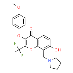 ChemSpider 2D Image | 7-Hydroxy-3-(4-methoxyphenoxy)-8-(1-pyrrolidinylmethyl)-2-(trifluoromethyl)-4H-chromen-4-one | C22H20F3NO5