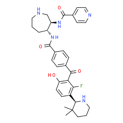 ChemSpider 2D Image | N-{(3R,4R)-4-[(4-{3-[(2S)-3,3-Dimethyl-2-piperidinyl]-2-fluoro-6-hydroxybenzoyl}benzoyl)amino]-3-azepanyl}isonicotinamide | C33H38FN5O4
