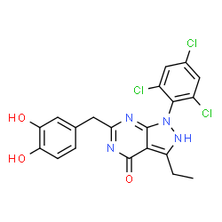 ChemSpider 2D Image | 6-(3,4-Dihydroxybenzyl)-3-ethyl-1-(2,4,6-trichlorophenyl)-1,2-dihydro-4H-pyrazolo[3,4-d]pyrimidin-4-one | C20H15Cl3N4O3