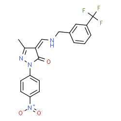 ChemSpider 2D Image | (4Z)-5-Methyl-2-(4-nitrophenyl)-4-({[3-(trifluoromethyl)benzyl]amino}methylene)-2,4-dihydro-3H-pyrazol-3-one | C19H15F3N4O3