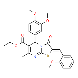 ChemSpider 2D Image | Ethyl (2Z)-5-(3,4-dimethoxyphenyl)-2-(2-methoxybenzylidene)-7-methyl-3-oxo-2,3-dihydro-5H-[1,3]thiazolo[3,2-a]pyrimidine-6-carboxylate | C26H26N2O6S