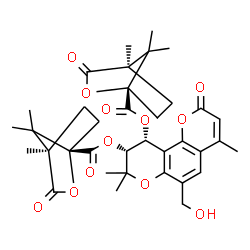 ChemSpider 2D Image | (9R,10R)-6-(Hydroxymethyl)-4,8,8-trimethyl-2-oxo-9,10-dihydro-2H,8H-pyrano[2,3-f]chromene-9,10-diyl (1S,4R,1'S,4'R)bis(4,7,7-trimethyl-3-oxo-2-oxabicyclo[2.2.1]heptane-1-carboxylate) | C36H42O12