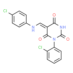 ChemSpider 2D Image | (5Z)-1-(2-Chlorophenyl)-5-{[(4-chlorophenyl)amino]methylene}-2,4,6(1H,3H,5H)-pyrimidinetrione | C17H11Cl2N3O3
