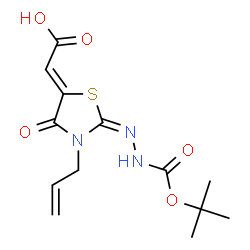 ChemSpider 2D Image | (2Z)-{(2E)-3-Allyl-2-[(tert-butoxycarbonyl)hydrazono]-4-oxo-1,3-thiazolidin-5-ylidene}acetic acid | C13H17N3O5S