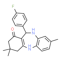 ChemSpider 2D Image | 11-(4-Fluorophenyl)-3,3,8-trimethyl-2,3,4,5,10,11-hexahydro-1H-dibenzo[b,e][1,4]diazepin-1-one | C22H23FN2O