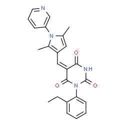 ChemSpider 2D Image | (5E)-5-{[2,5-Dimethyl-1-(3-pyridinyl)-1H-pyrrol-3-yl]methylene}-1-(2-ethylphenyl)-2,4,6(1H,3H,5H)-pyrimidinetrione | C24H22N4O3