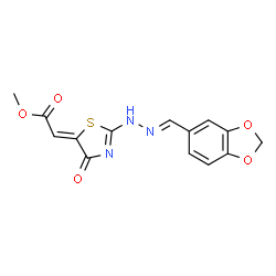 ChemSpider 2D Image | Methyl (2Z)-{2-[(2E)-2-(1,3-benzodioxol-5-ylmethylene)hydrazino]-4-oxo-1,3-thiazol-5(4H)-ylidene}acetate | C14H11N3O5S