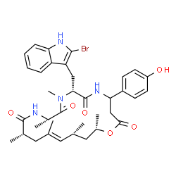 ChemSpider 2D Image | (7R,10S,13S,15E,17R,19S)-7-[(2-Bromo-1H-indol-3-yl)methyl]-4-(4-hydroxyphenyl)-8,10,13,15,17,19-hexamethyl-1-oxa-5,8,11-triazacyclononadec-15-ene-2,6,9,12-tetrone | C36H45BrN4O6
