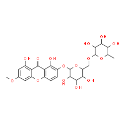 ChemSpider 2D Image | 1,8-Dihydroxy-6-methoxy-9-oxo-9H-xanthen-2-yl 6-O-(6-deoxyhexopyranosyl)hexopyranoside | C26H30O15