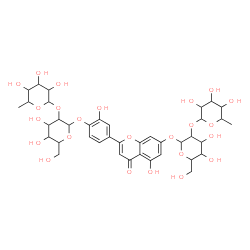 ChemSpider 2D Image | 4-(7-{[2-O-(6-Deoxyhexopyranosyl)hexopyranosyl]oxy}-5-hydroxy-4-oxo-4H-chromen-2-yl)-2-hydroxyphenyl 2-O-(6-deoxyhexopyranosyl)hexopyranoside | C39H50O24