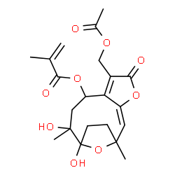 ChemSpider 2D Image | (2E)-6-(Acetoxymethyl)-10,11-dihydroxy-1,10-dimethyl-5-oxo-4,14-dioxatricyclo[9.2.1.0~3,7~]tetradeca-2,6-dien-8-yl methacrylate | C21H26O9