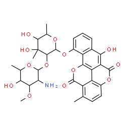 ChemSpider 2D Image | 6-Hydroxy-1-methyl-5,12-dioxo-5,12-dihydrobenzo[h]chromeno[5,4,3-cde]chromen-10-yl 2-O-(2-amino-2,6-dideoxy-3-O-methylhexopyranosyl)-6-deoxy-3-C-methylhexopyranoside | C33H35NO13