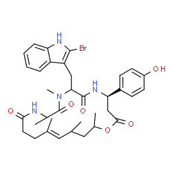 ChemSpider 2D Image | (4R,15E)-7-[(2-Bromo-1H-indol-3-yl)methyl]-4-(4-hydroxyphenyl)-8,10,15,17,19-pentamethyl-1-oxa-5,8,11-triazacyclononadec-15-ene-2,6,9,12-tetrone | C35H43BrN4O6