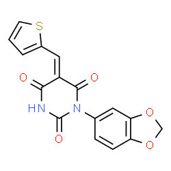 ChemSpider 2D Image | (5E)-1-(1,3-Benzodioxol-5-yl)-5-(2-thienylmethylene)-2,4,6(1H,3H,5H)-pyrimidinetrione | C16H10N2O5S