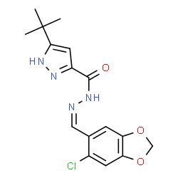 ChemSpider 2D Image | N'-[(Z)-(6-Chloro-1,3-benzodioxol-5-yl)methylene]-5-(2-methyl-2-propanyl)-1H-pyrazole-3-carbohydrazide | C16H17ClN4O3