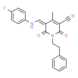 ChemSpider 2D Image | (5Z)-5-{[(4-Fluorophenyl)amino]methylene}-4-methyl-2,6-dioxo-1-(2-phenylethyl)-1,2,5,6-tetrahydro-3-pyridinecarbonitrile | C22H18FN3O2