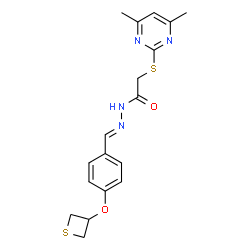 ChemSpider 2D Image | 2-[(4,6-Dimethyl-2-pyrimidinyl)sulfanyl]-N'-{(E)-[4-(3-thietanyloxy)phenyl]methylene}acetohydrazide | C18H20N4O2S2