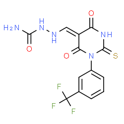 ChemSpider 2D Image | 2-[(Z)-{4,6-Dioxo-2-thioxo-1-[3-(trifluoromethyl)phenyl]tetrahydro-5(2H)-pyrimidinylidene}methyl]hydrazinecarboxamide | C13H10F3N5O3S