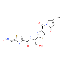 ChemSpider 2D Image | (2Z)-N-(2-Hydroxy-1-{(4S)-4-[(4-methoxy-2-oxo-2,5-dihydro-1H-pyrrol-1-yl)carbonyl]-4,5-dihydro-1,3-thiazol-2-yl}ethyl)-2-(nitrosomethylene)-2,3-dihydro-1,3-thiazole-4-carboxamide | C16H17N5O6S2