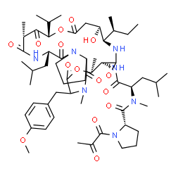 ChemSpider 2D Image | 1-Pyruvoyl-L-prolyl-N-[(6S,7R,10R,11S,15S,17R,20S,25aS)-10-[(2S)-2-butanyl]-11-hydroxy-20-isobutyl-15-isopropyl-3-(4-methoxybenzyl)-2,6,17-trimethyl-1,4,8,13,16,18,21-heptaoxodocosahydro-15H-pyrrolo[2
,1-f][1,15,4,7,10,20]dioxatetraazacyclotricosin-7-yl]-N~2~-methyl-D-leucinamide | C57H87N7O15
